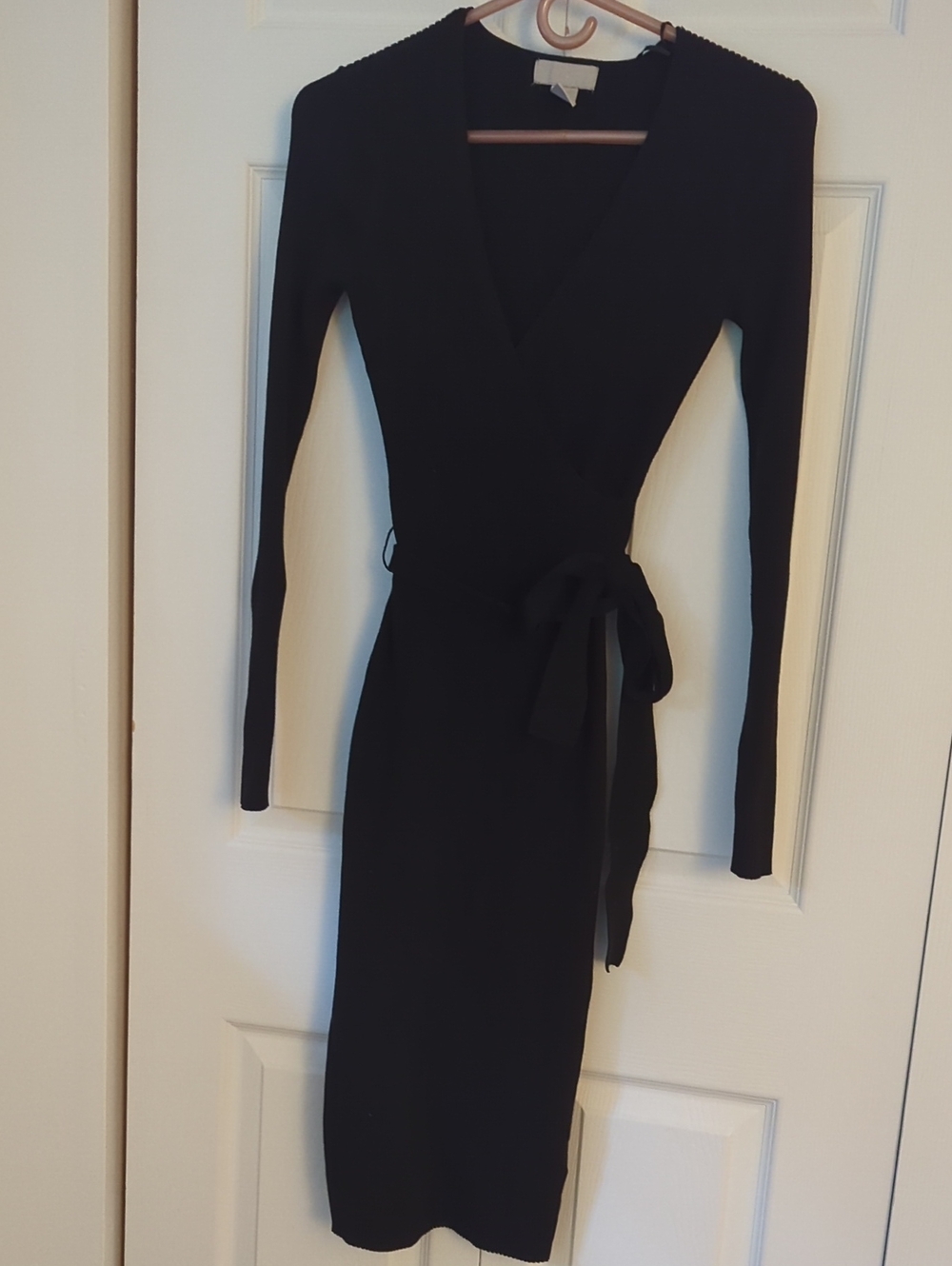 H&M Black Long-Sleeve Faux Wrap Knit Dress with Tie Waist